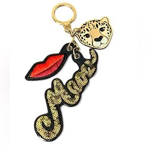 Kate Spade Run Wild Bag Charm Key Fob Keychain Leopard Lips Meow